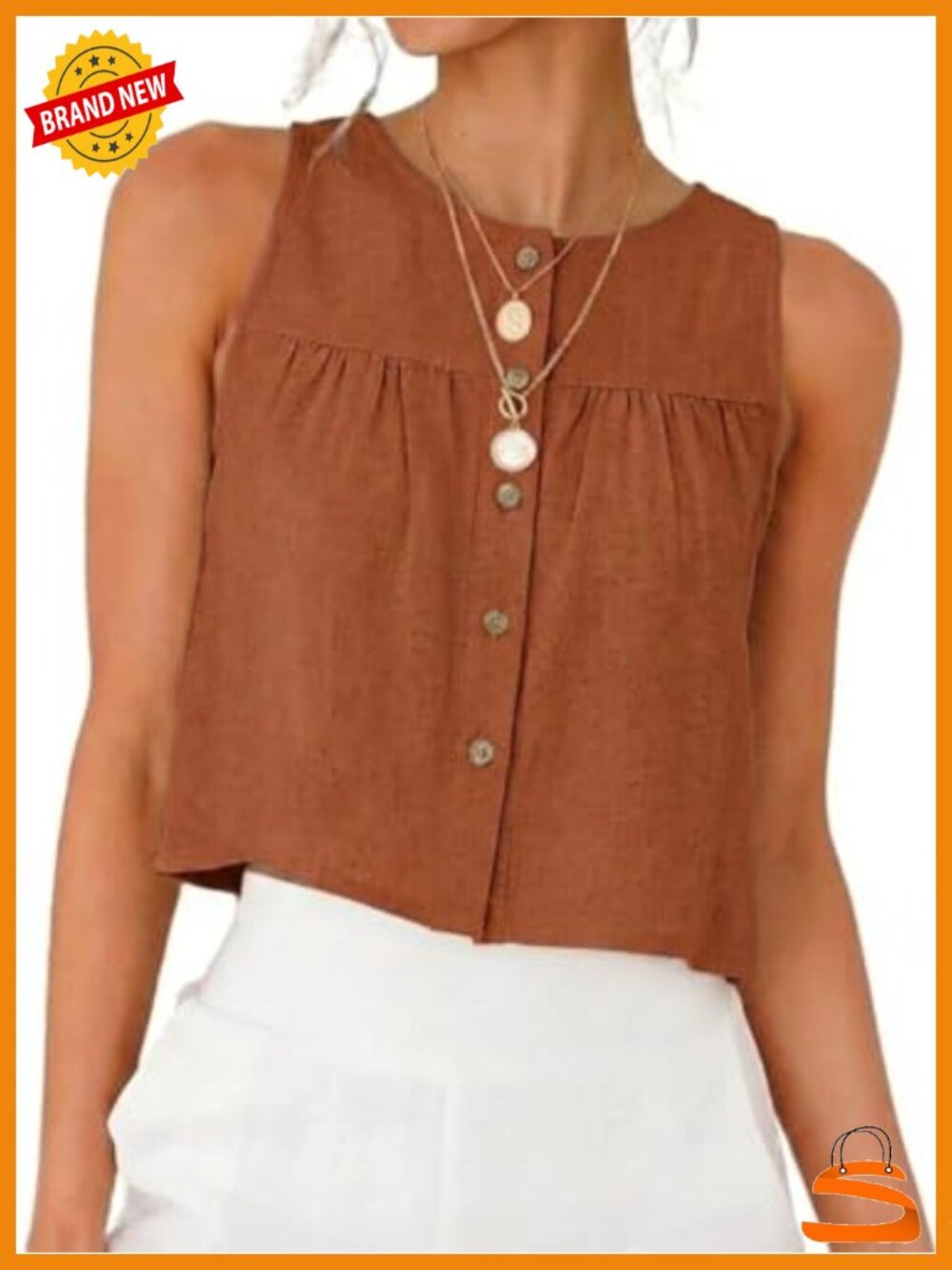 Crewneck Button Down Linen Tank Top Sleeveless Summer Blouse